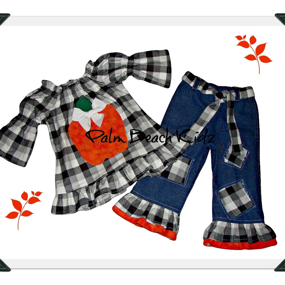 Girls Pumpkin Flannel Denim Pant Set
